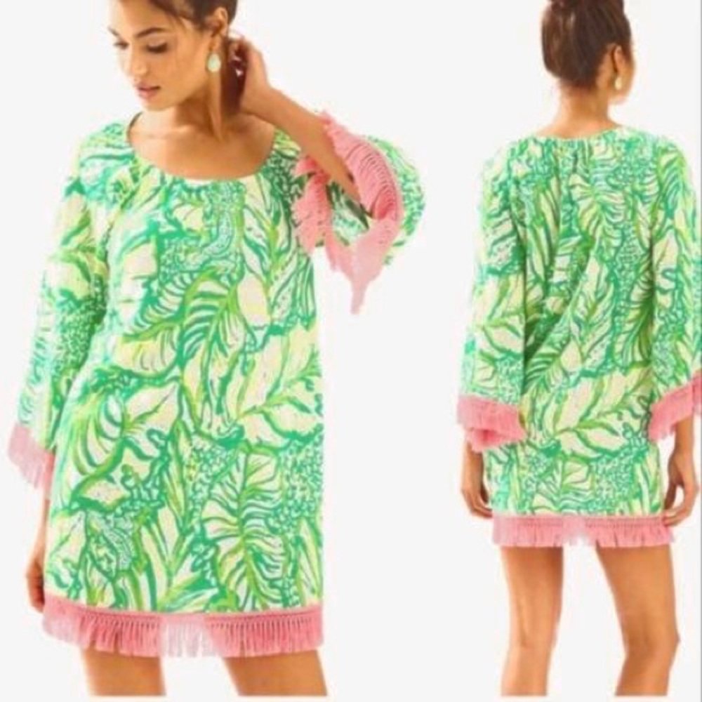 Lilly Pulitzer Green and Pink Leaf-Print Shift Dress